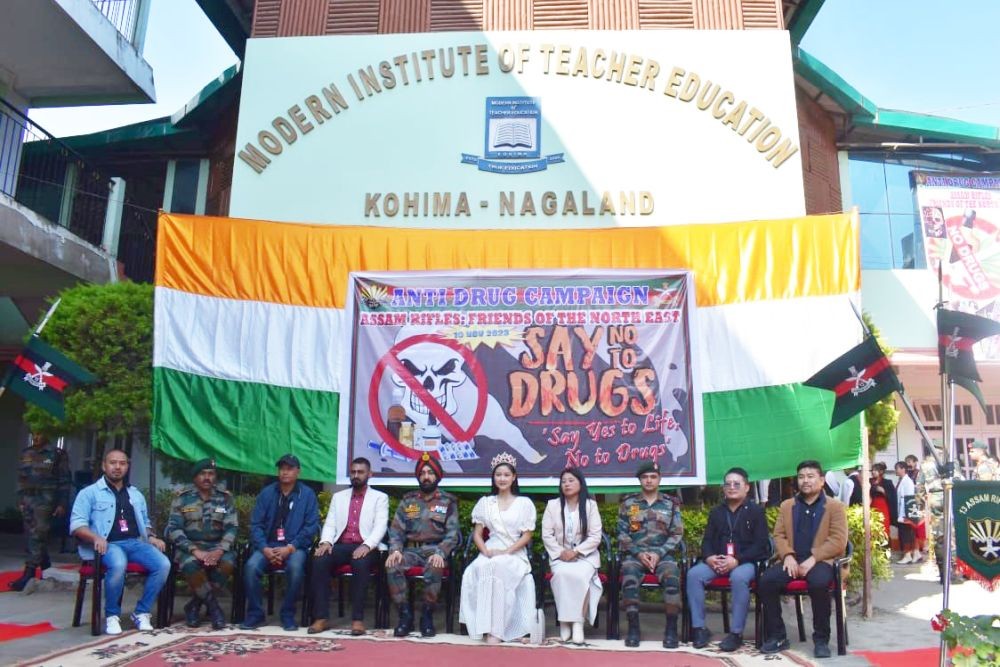 Brigadier Herjinder Singh, Commander of 5 Sector Assam Rifles, Anupam Rohit from Recovery Wellness Society, Guwahati, Miss Nagaland Hikali Achumi at an anti-drug campaign organized by 13th AR at Modern Higher Secondary School, Kohima on November 10. (DIPR Photo)